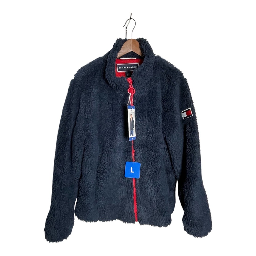 Tommy Hilfiger Womens Sherpa Fleece Jacket Navy Blue Colorblock Flag Full Zip Ld